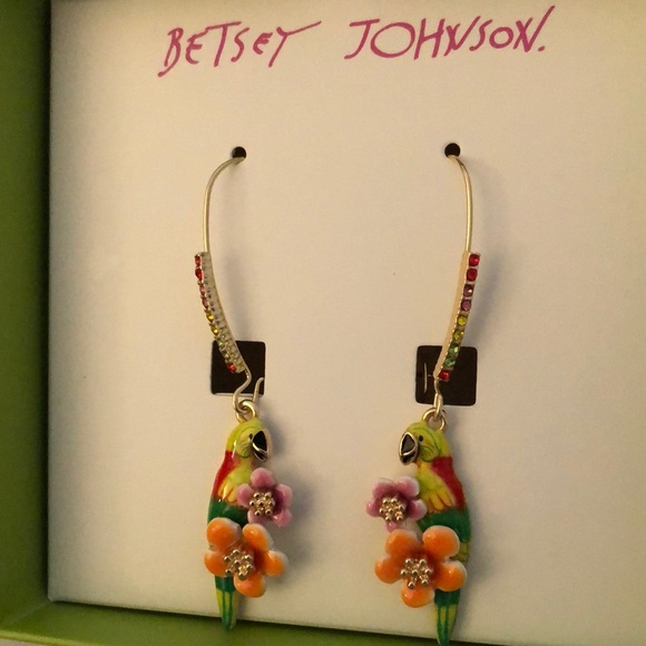 Betsey Johnson Gold Tone Rainbow Enamel Parrot & Flower Drop Earrings NIB - Picture 1 of 16